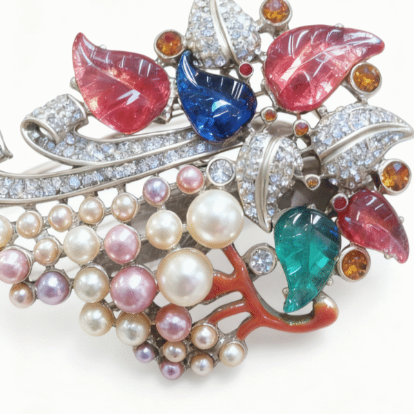 Vintage Colored Gem & Pearl Leaf Branch Brooch (Light Luxury Enamel Rhinestone Style)