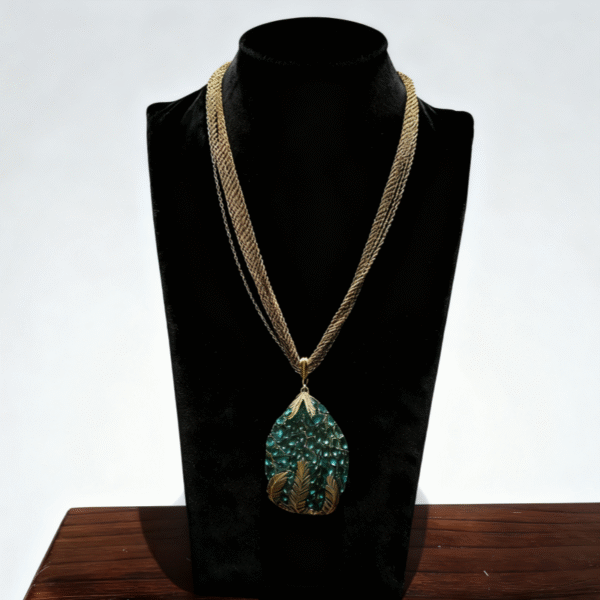 intage French Gilded Woven Chain Necklace with Malachite Leaf Pendant