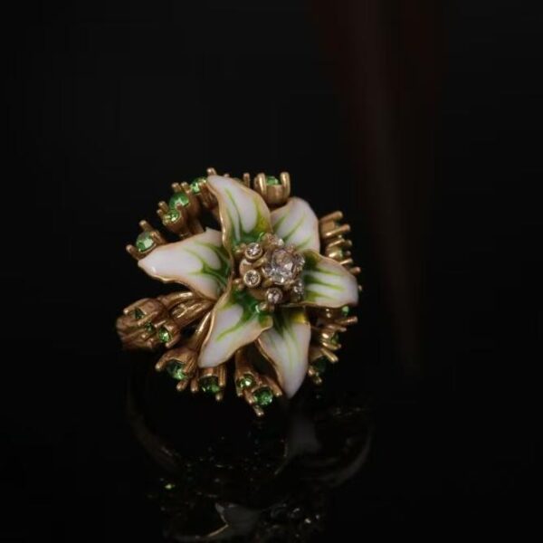 Vintage Copper-Plated Distressed Gold White Enamel Magnolia Ring