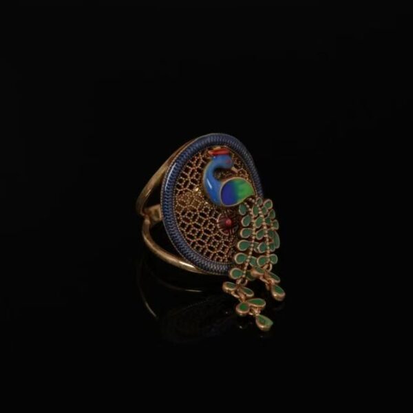 Vintage Copper Distressed Gold Blue Enamel Peacock Ring