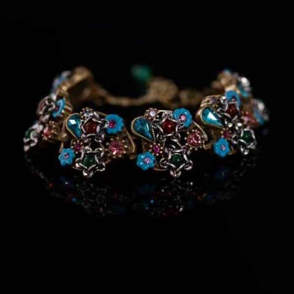 Vintage Copper-Plated Antiqued Gold Bracelet Inlaid with Colored Diamonds