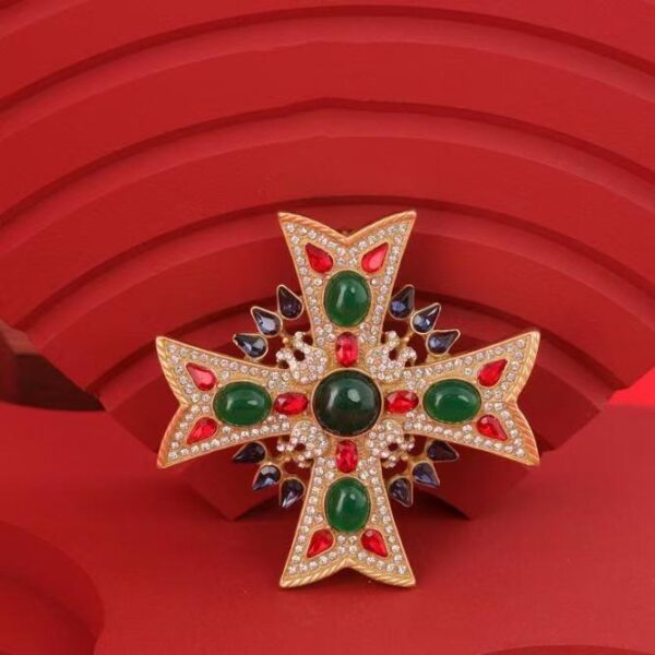 Vintage Cross-Shape Brooch with Green & Red Accents