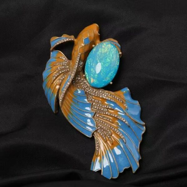Vintage Betta Fish Brooch with Blue & Orange Accents