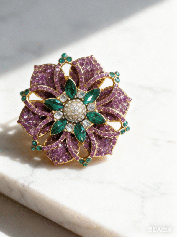 Vintage Floral Brooch with Purple & Green Accents