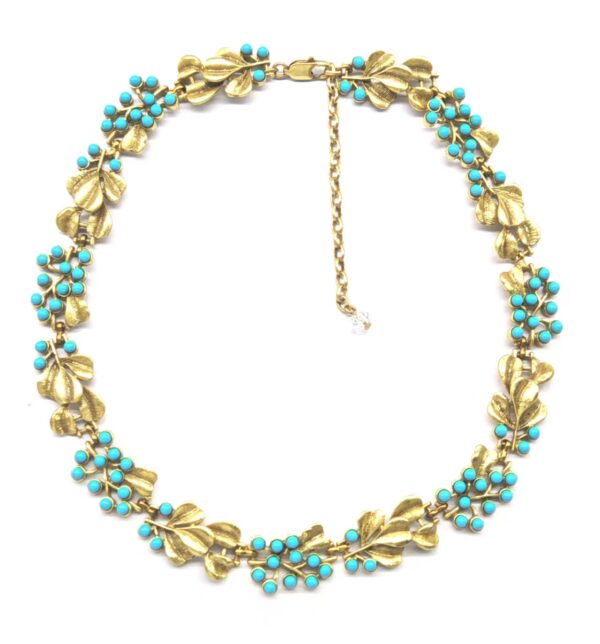Gold-Tone Leaf & Turquoise Beaded Choker Necklace (Nature-Inspired Design)