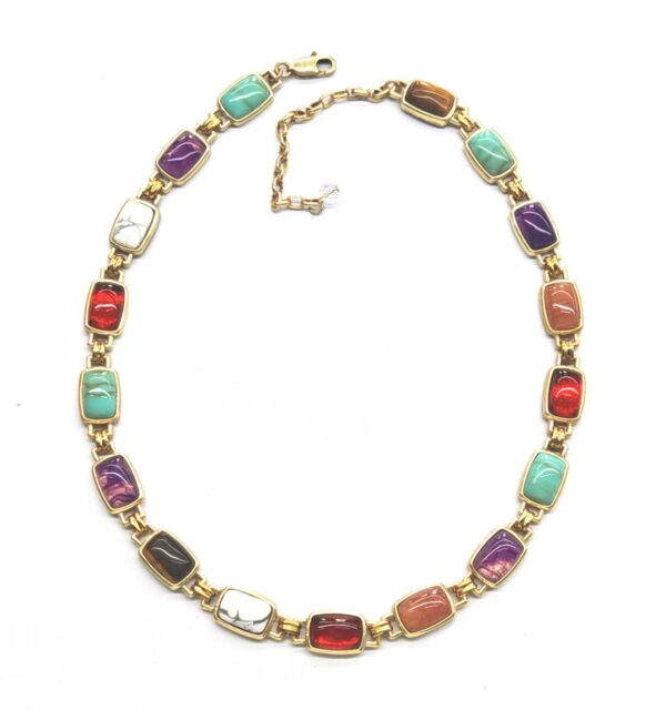 Colorful Rectangular Beaded Statement Necklace (Gold-Tone Link Design)