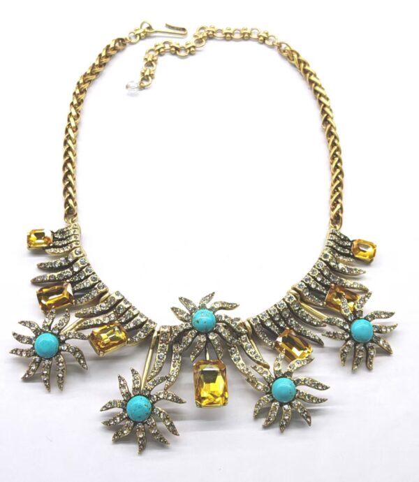 Vintage Starburst Statement Necklace (Turquoise & Gold-Tone Crystal Accents)