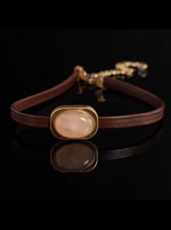 Leather Choker with Rose Quartz Stone (Vintage Gold-Tone Accent)