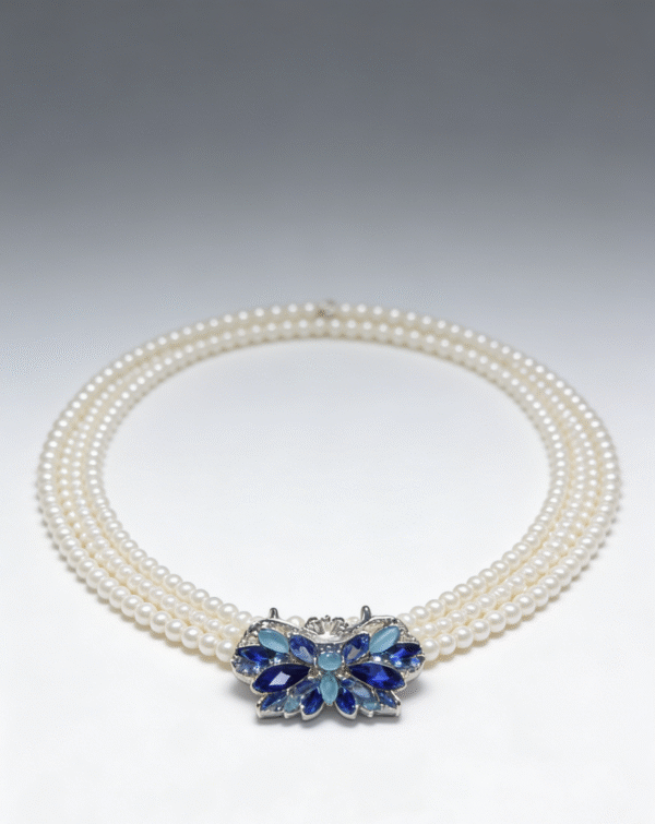 Multi-Strand Pearl Choker with Blue Butterfly