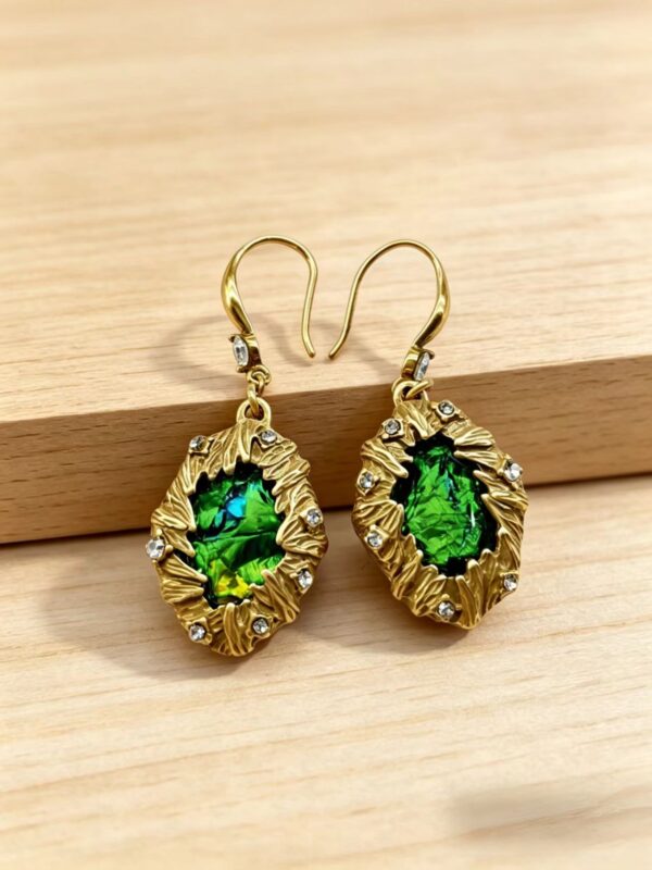 Vintage Gold-Plated Green Crystal Drop Earrings