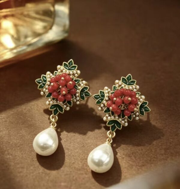 Vintage Palace Style Red Berry Cluster Enamel & Pearl Drop Earrings