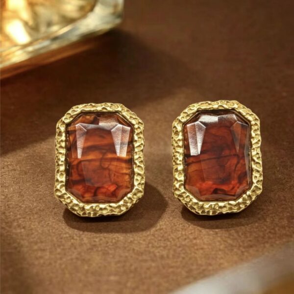 French Vintage Style Square Amber Stone Stud Earrings