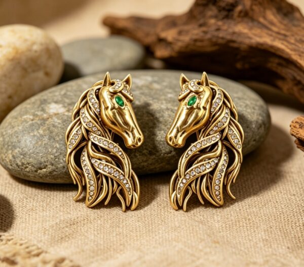 Vintage Gold-Plated Horse Head Crystal Stud Earrings