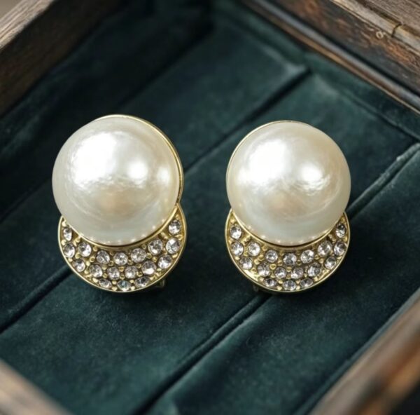 Vintage Gold-Plated Crystal & Pearl Stud Earrings