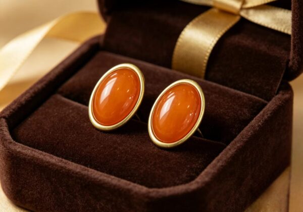 Vintage Gold-Plated Oval Orange Natural Stone Stud Earrings