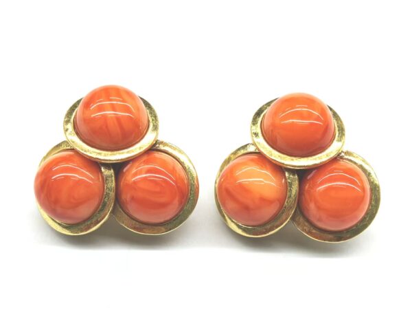 Vintage Gold-Plated Triple Round Natural Stone Stud Earrings