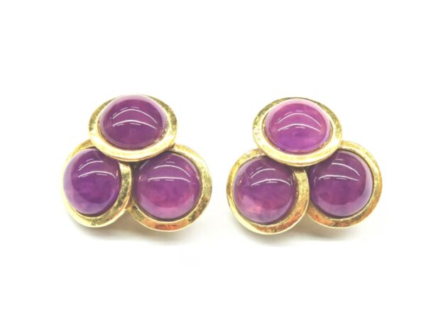 Vintage Gold-Plated Triple Round Natural Purple Stone Stud Earrings