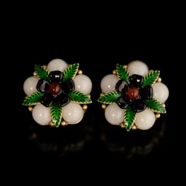 Vintage Copper Alloy Jade & Enamel Flower Earrings