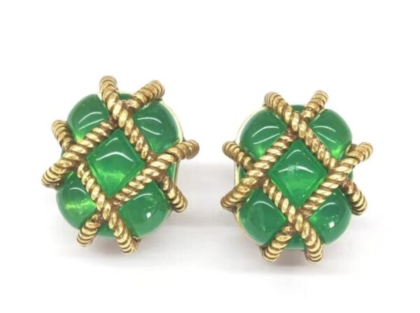 Vintage Copper Alloy Crisscross Green Stone Stud Earrings