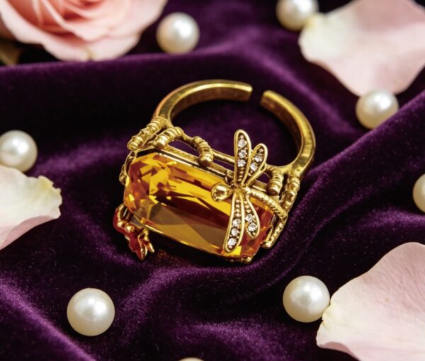 Vintage Gold-Plated Citrine Crystal & Dragonfly Enamel Open Ring