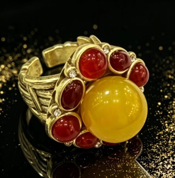 Gold-Plated Natural Red Agate & Yellow Stone Statement Open Ring