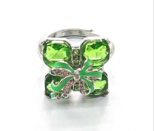 Silver-Plated (White Gold Tone) Green Crystal & Enamel Bow Statement Ring