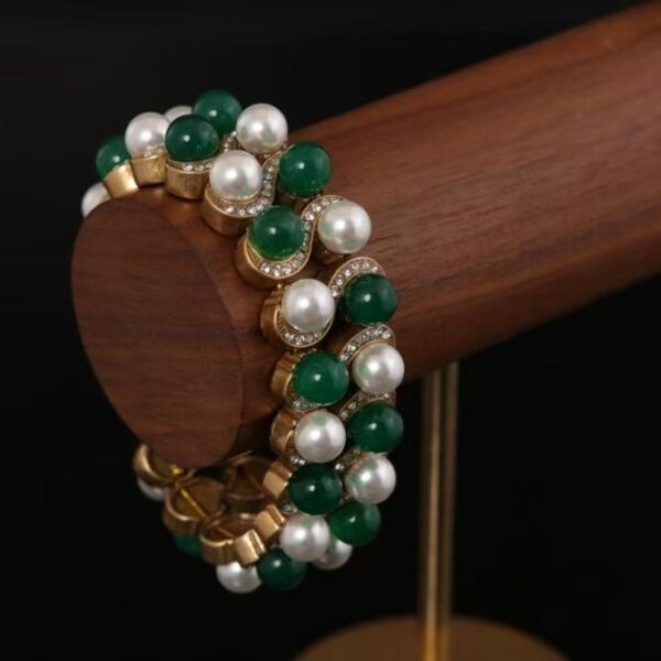 Vintage Gold-Plated White Pearl & Green Agate Statement Bracelet