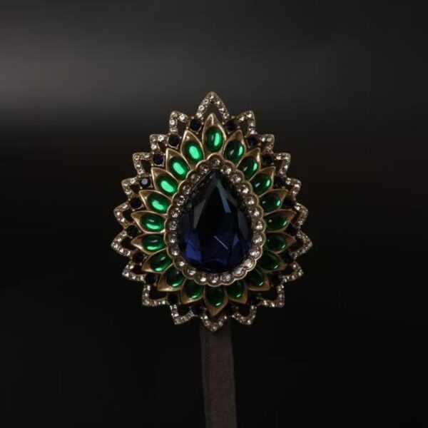Vintage Gold-Plated Blue Crystal & Green Enamel Floral Brooch