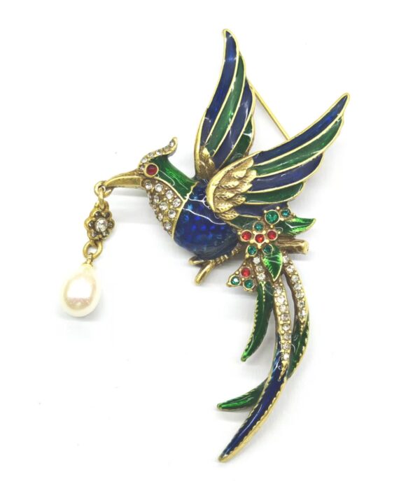 Vintage Gold-Plated Enamel Phoenix Brooch with Pearl Drop