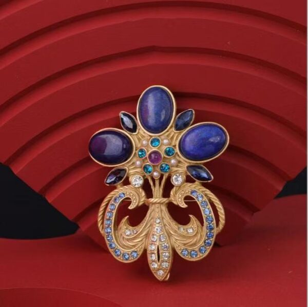 Vintage Gold-Plated Lapis Lazuli & Multi-Gemstone Fleur-de-lis Brooch
