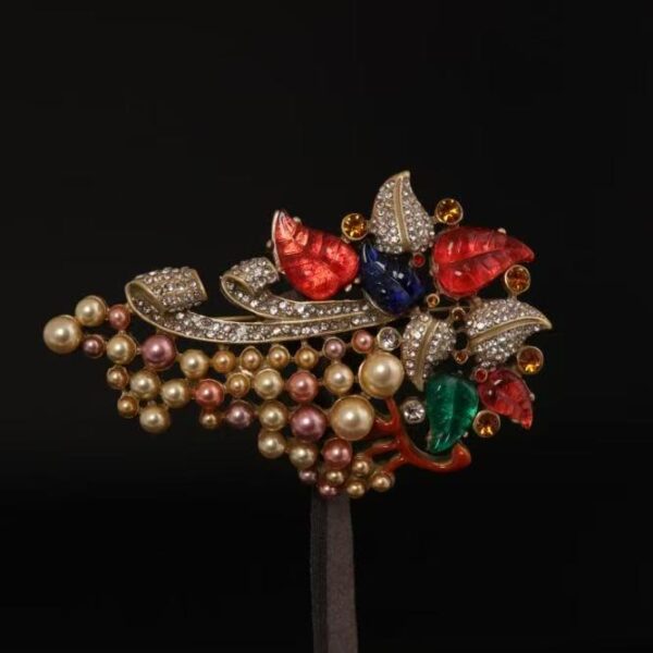 Vintage Gold-Plated Multi-Color Enamel & Pearl Fruit Basket Brooch