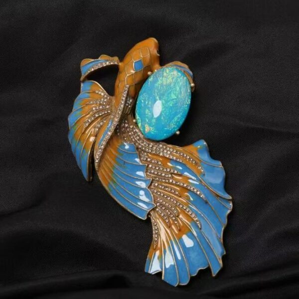 Vintage Gold-Plated Enamel Koi Fish Brooch with Opal Stone
