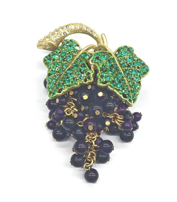 Vintage Gold-Plated Purple Bead & Green Crystal Grape Cluster Brooch