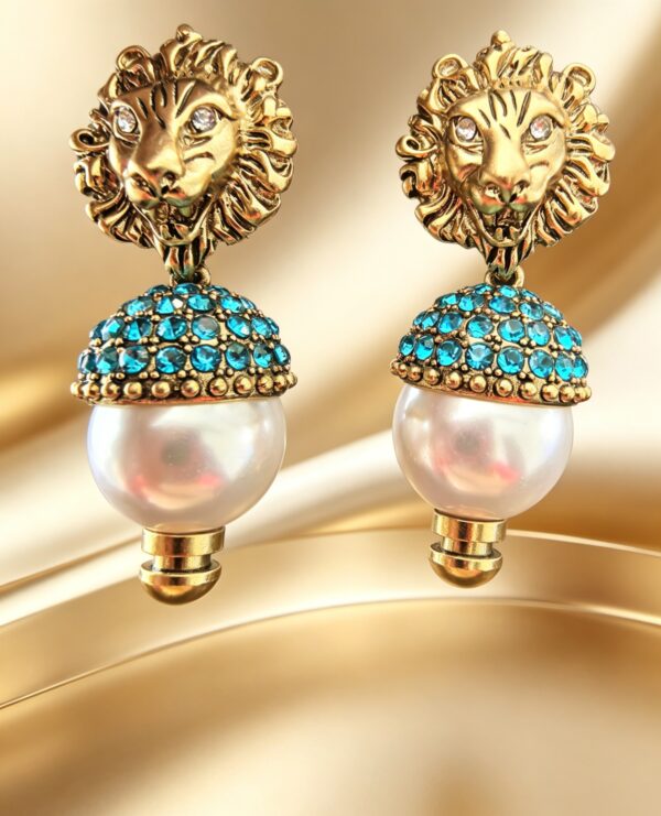 Vintage Lion Head Pearl Drop Earrings