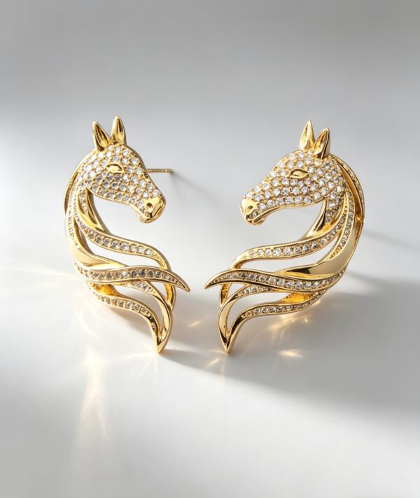 Gold-Plated Full-Paved Horse Head Sterling Silver Stud Earrings