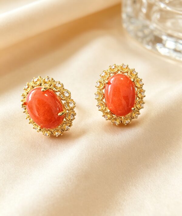Gold-Plated Natural Orange Stone Halo Sterling Silver Stud Earrings