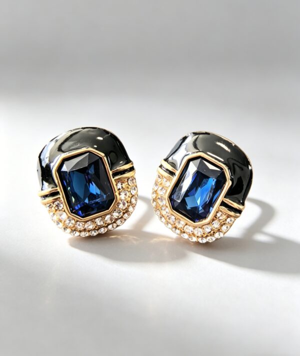 Vintage Gold-Plated Sapphire Blue Crystal & Black Enamel Sterling Silver Stud Earrings