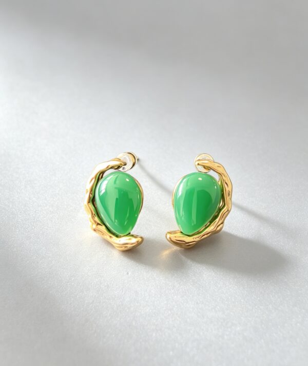 Gold-Plated Natural Green Stone Twisted Sterling Silver Stud Earrings