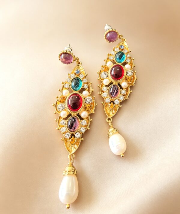 Vintage Multi-Color Gem & Pearl Gold-Plated Sterling Silver Drop Earrings