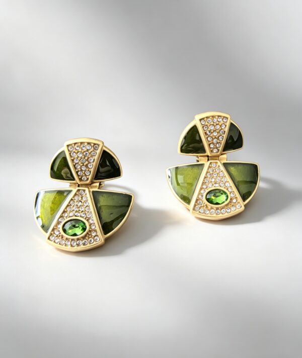 Art Deco Green Crystal & Enamel Gold-Plated Sterling Silver Earrings