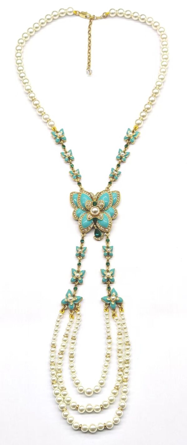 Vintage Gold-Plated Turquoise Enamel & Pearl Multi-Strand Lariat Necklace