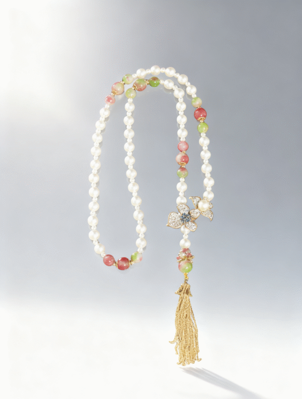 Vintage Pearl & Multi-Color Bead Lariat Necklace with Tassel