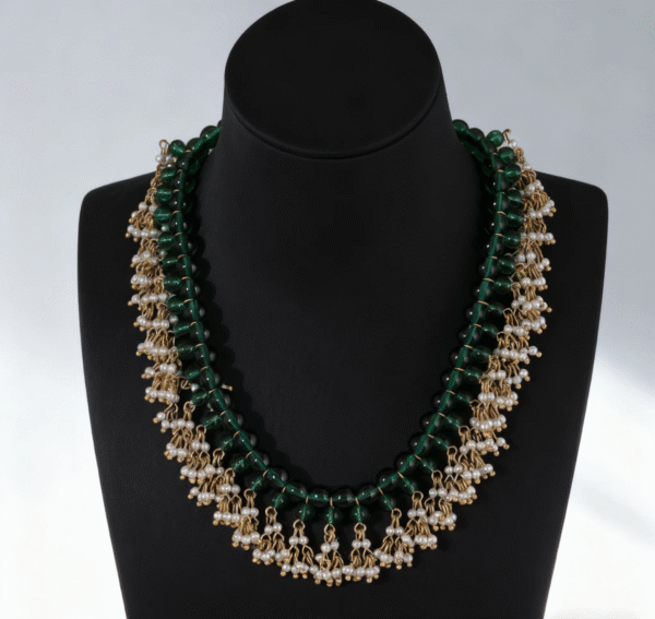 Vintage Gold-Plated Green Bead & Pearl Fringe Statement Necklace