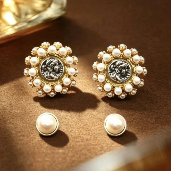 Vintage Roman Coin Portrait Pearl Earrings