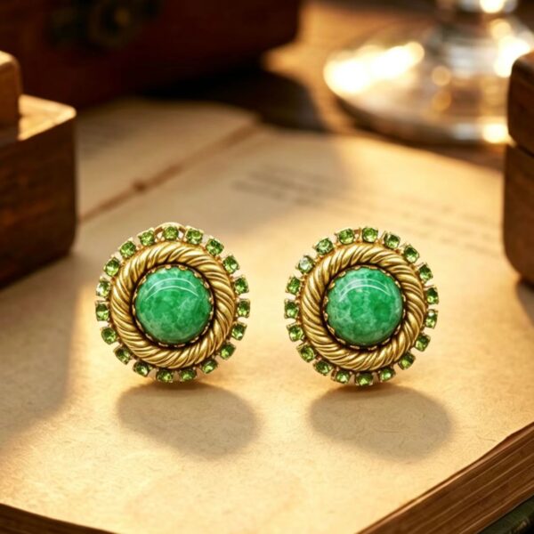 Vintage Gold-Tone Green Marbled Stud Earrings