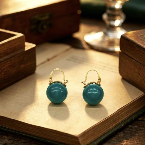 Vintage Gold Ball Earrings, Lake Blue Mysterious Style