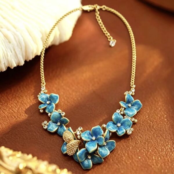 Vintage Enamel Blue Hydrangea & Butterfly Necklace