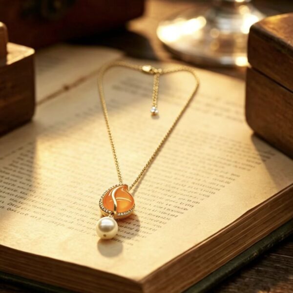 Vintage Sunset Orange & Pearl Pendant Necklace