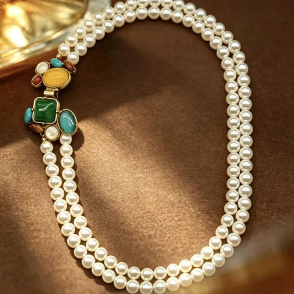Vintage Multi-Gem Double Strand Pearl Necklace