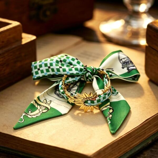 Vintage Green Check Silk Scarf & Sunburst Bracelet